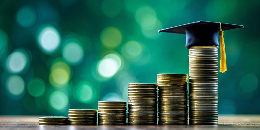 在学中は元金据置が可能な教育ローンを表す学位帽と積み上がる硬貨のイメージ画像